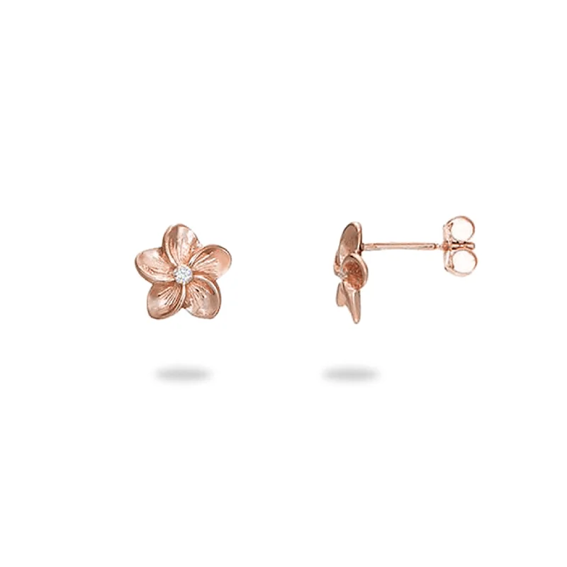 Hawaiian Heirloom Plumeria Earrings in Rose Gold with Diamonds - 9mm