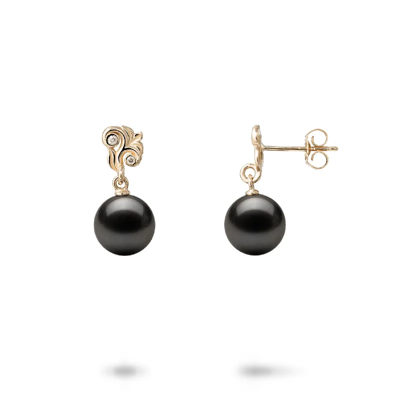 Living Heirloom Tahitian Black Pearl Earrings in Gold with Diamonds - 8-9mm