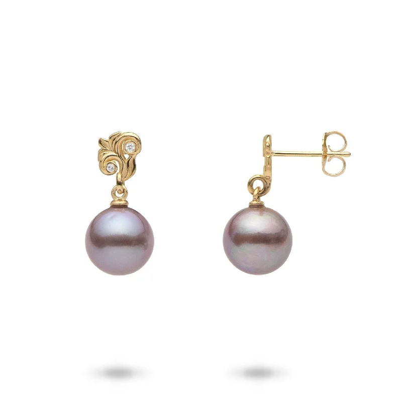 Living Heirloom Lilac Freshwater Pearl Earrings in Gold with Diamonds - 8mm