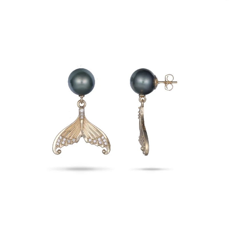 Moon Mermaid Tail Tahitian Black Pearl Earrings in Gold with Diamonds - 9-10mm