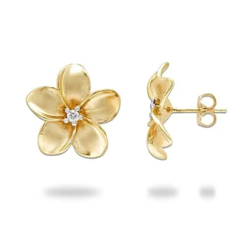 Plumeria Earrings in Gold with Diamonds - 18mm