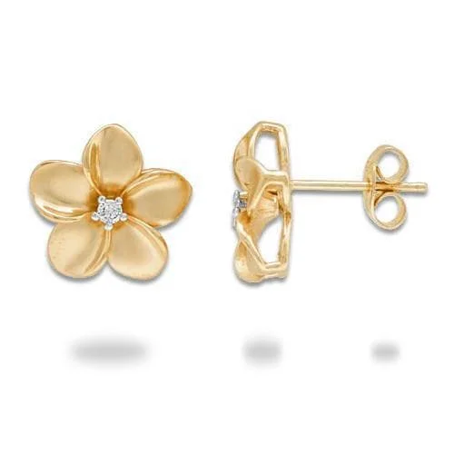 Plumeria Earrings in Gold with Diamonds - 13mm