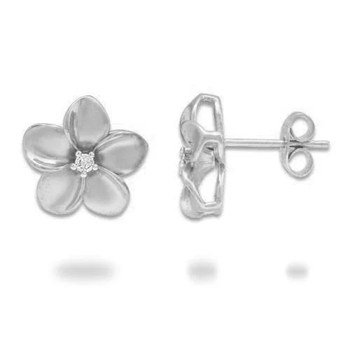 Plumeria Earrings in White Gold with Diamonds - 13mm