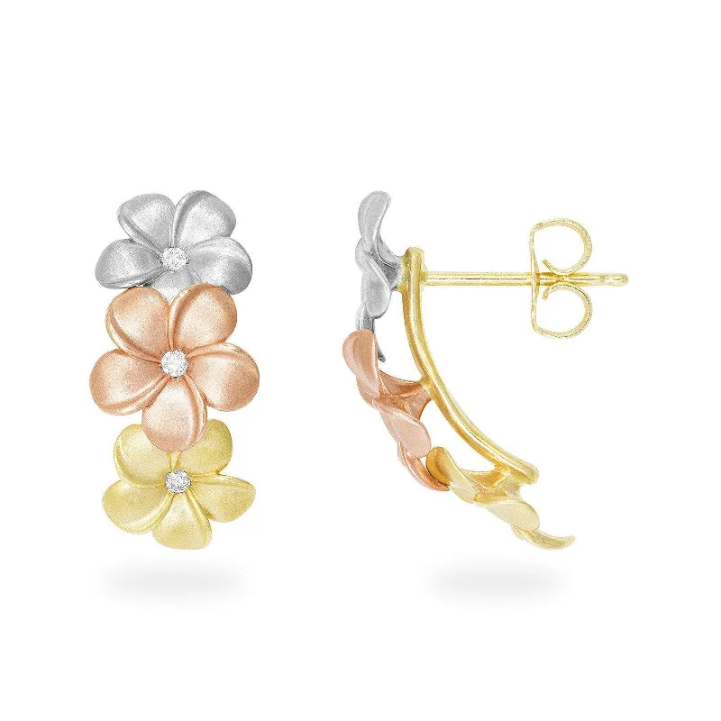 Plumeria Earrings in Tri Color Gold with Diamonds