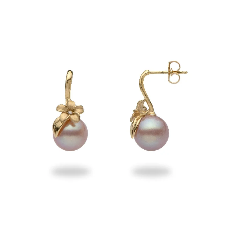 Plumeria Lavender Freshwater Pearl Earrings in Gold with Diamonds - 9-10mm