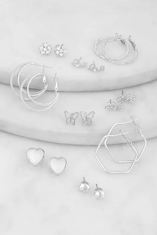 Love Assorted Metallic Stud and Hoop Earrings Set of 9