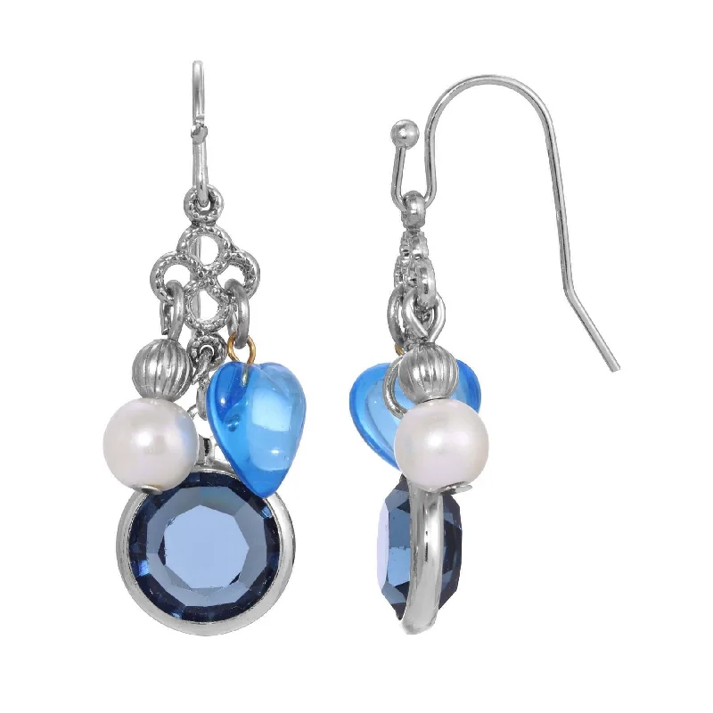 1928 Jewelry Montana Blue Channel Sapphire Blue Crystal Heart & Pearl Charm Dangling Earrings