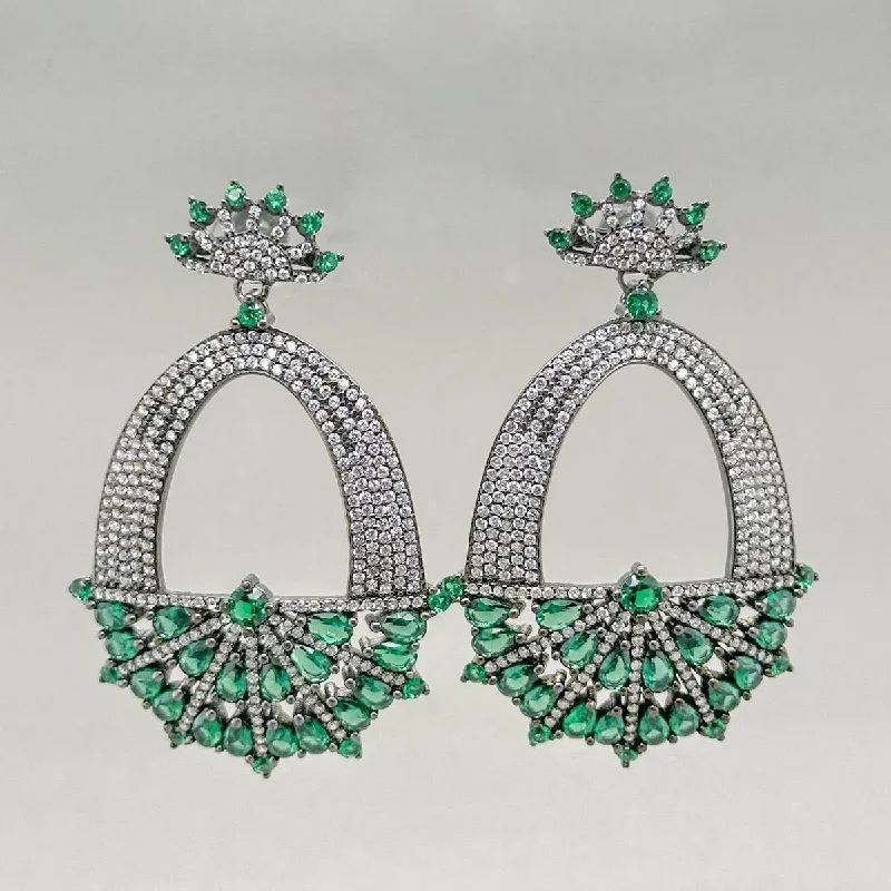 SS Green & White CZ Fancy Danlge Earrings