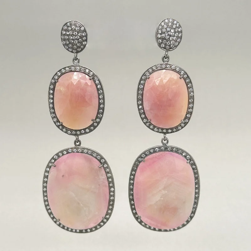 SS Pink Corundum & White Topaz Dangle Earring