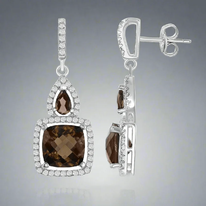 SS Square Smoky Quartz & White Topaz Earrings