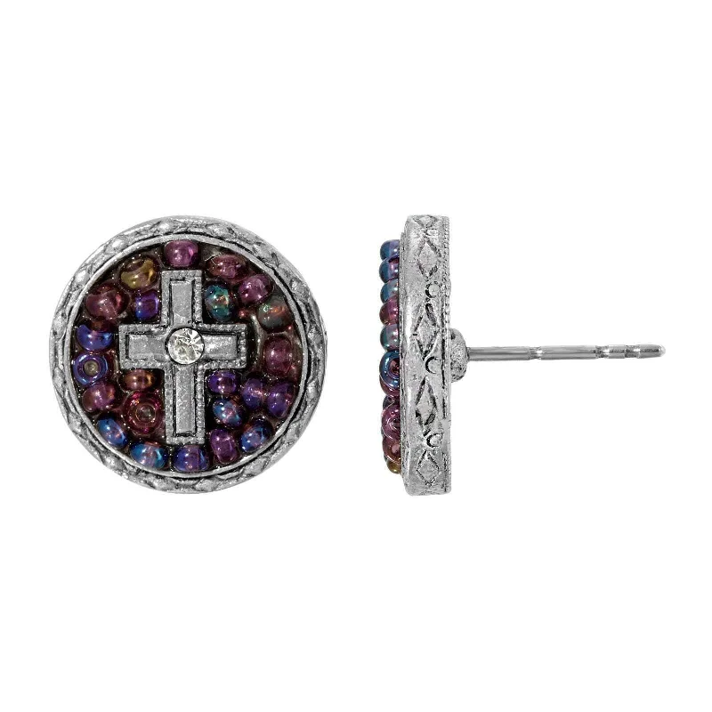 Symbols Of Faith Purple Seeded Beads Crystal Cross Round Button Earrings