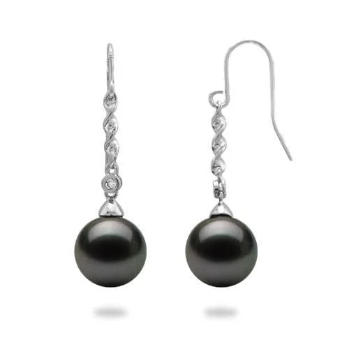 Tahitian Black Pearl Earrings in White Gold with Diamonds - 9-10mm