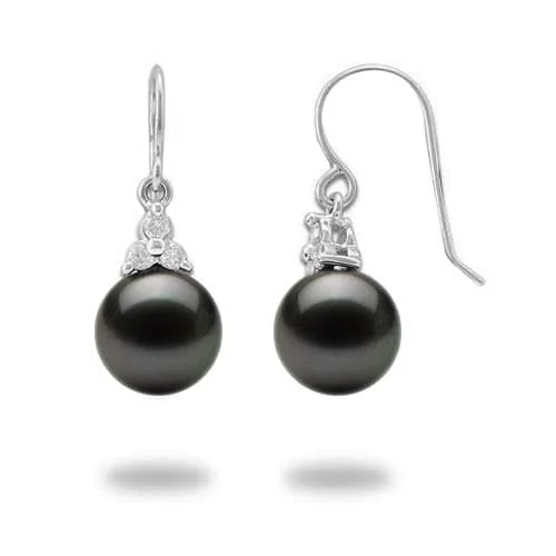 Tahitian Black Pearl Earrings in White Gold with Diamonds - 9-10mm