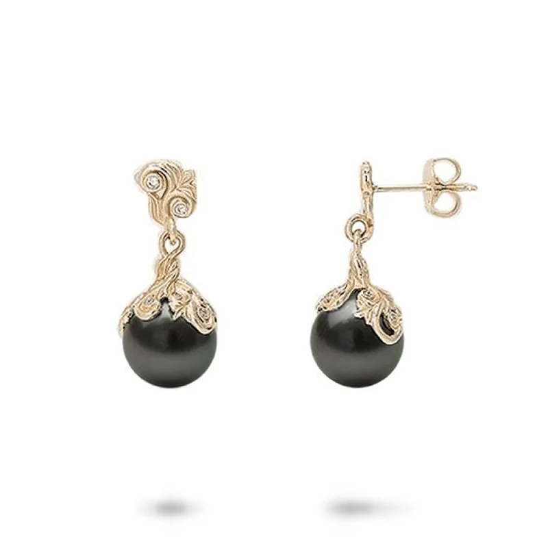 Living Heirloom Tahitian Black Pearl Earrings in Gold with Diamonds - 9-10mm