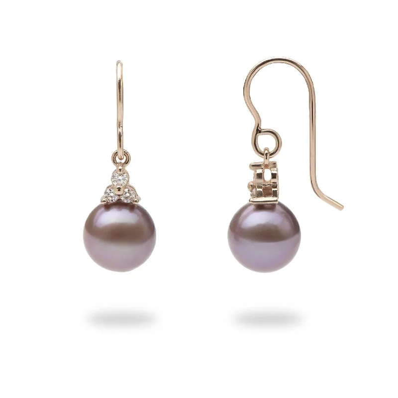 Ultraviolet Freshwater Pearl Earrings in Rose Gold with Diamonds - 9-10mm