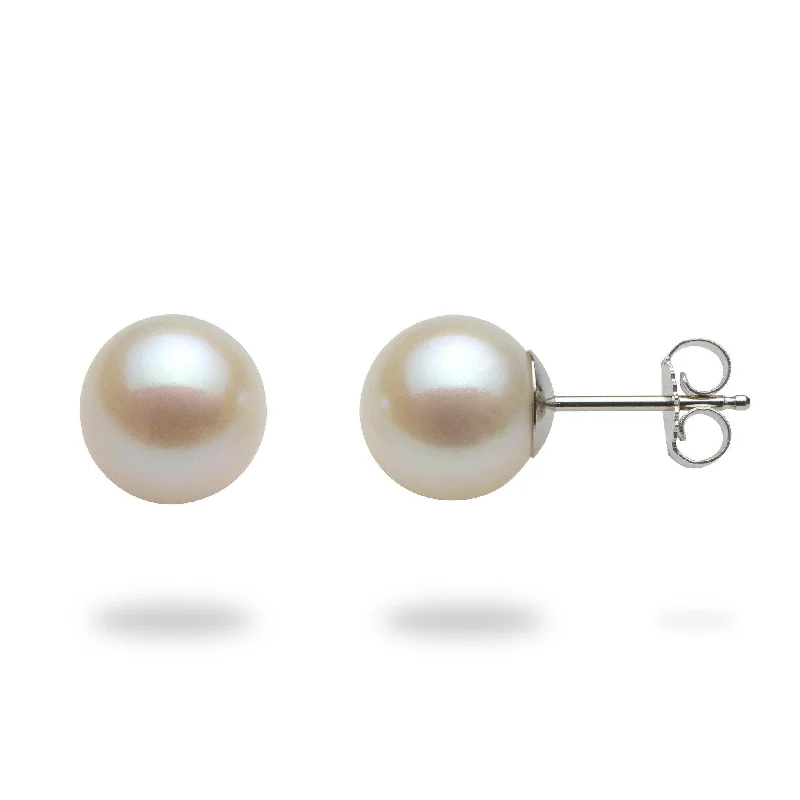 White Freshwater Pearl Earrings in White Gold - 9-10mm