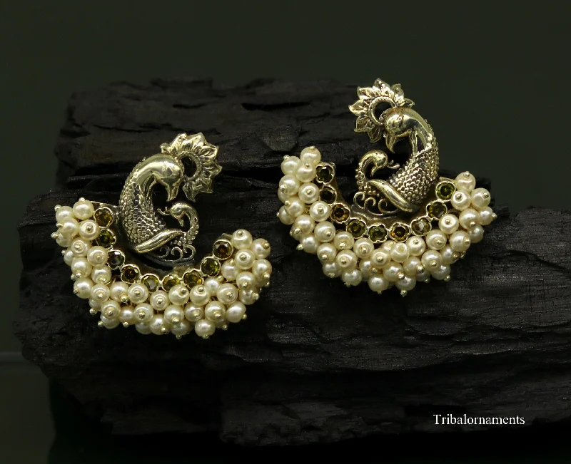 925 sterling silver handmade gorgeous peacock design stud earring with gorgeous pearl stone customized earring tribal jewelry s860