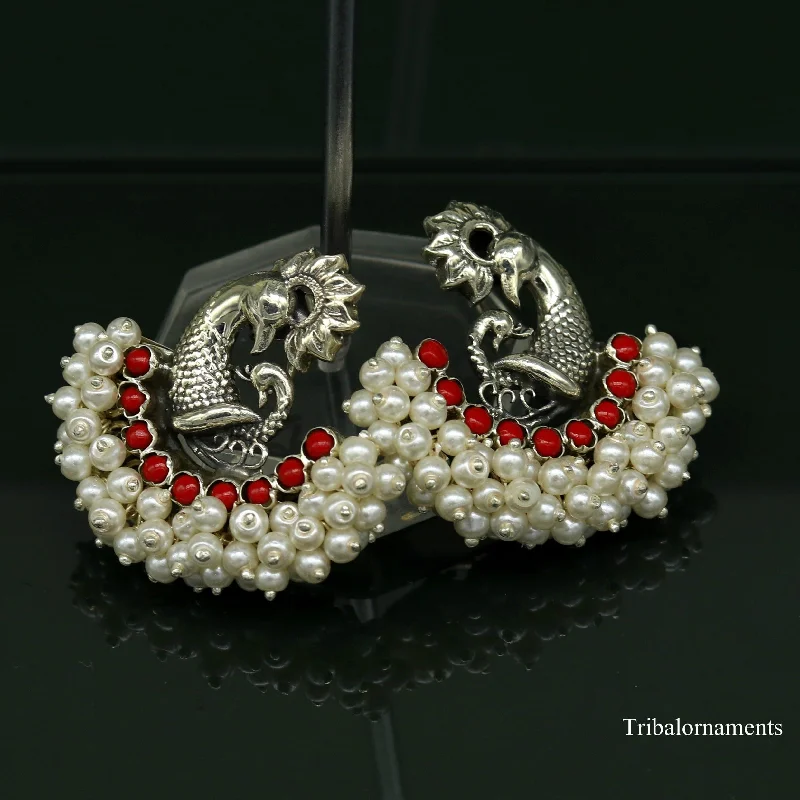 925 sterling silver handmade gorgeous peacock design stud earring with gorgeous red and pearl stone customized earring tribal jewelry s859