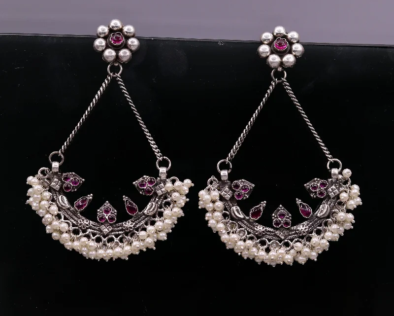 925 sterling silver handmade stud earring chandbala jhumka with gorgeous pearl and dangling customized bridesmaid large earring jewelry s565