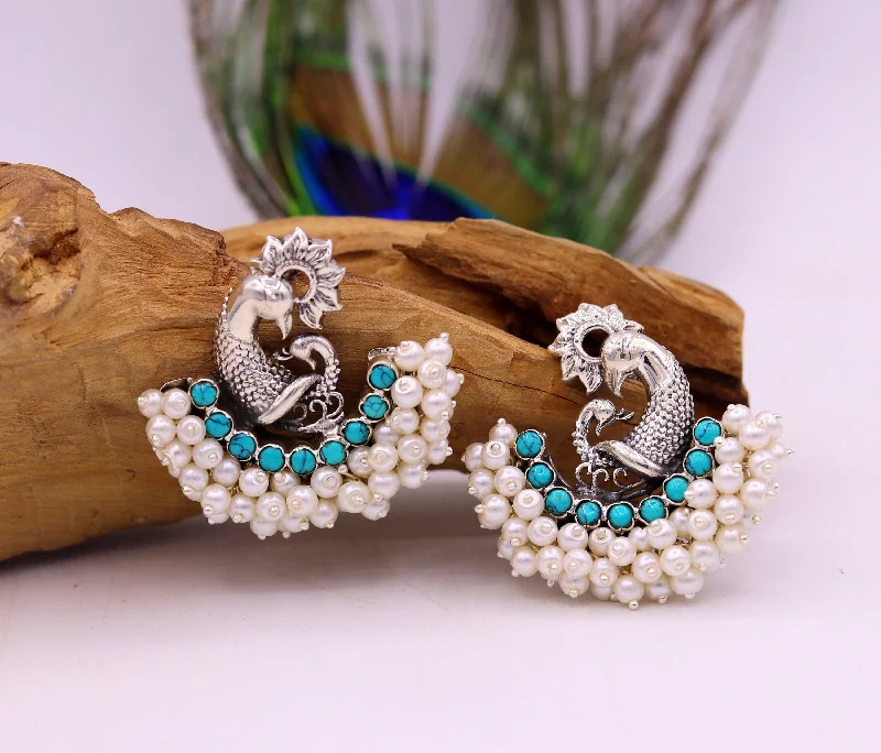 925 sterling silver handmade vintage antique design peacock stud earring fabulous hanging pearl and turquoise stone earring jewelry s704