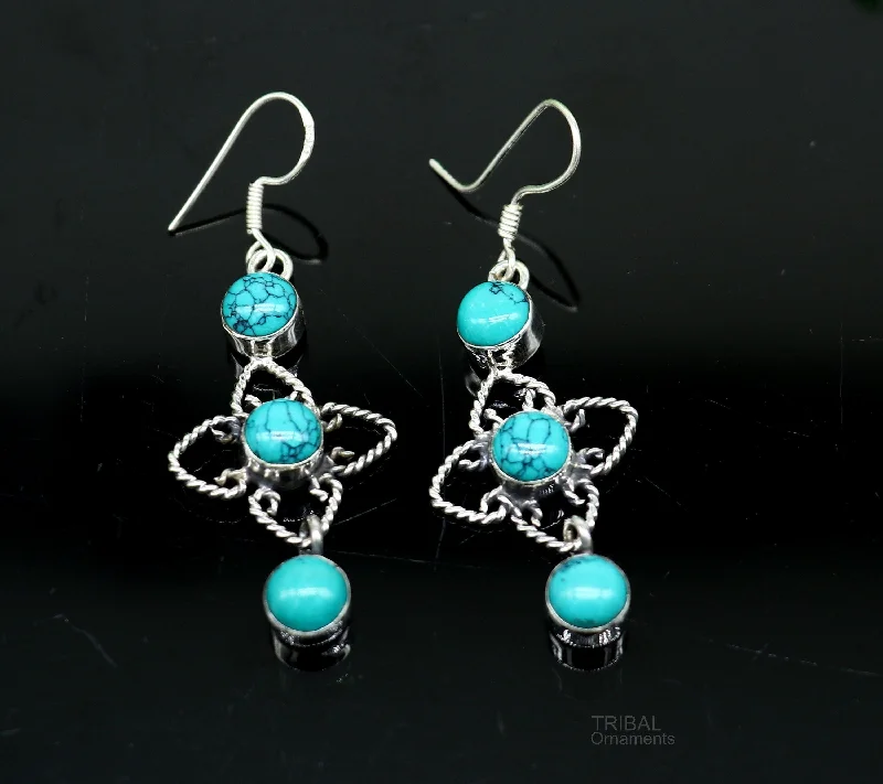 925 sterling silver hoops earring, gorgeous Blue turquoise stone charm earring excellent gifting brides earring party jewelry s993