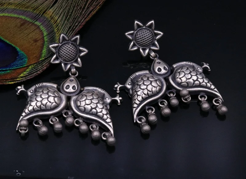 925 sterling silver Vintage antique style peacock Earrings with hanging bells stud earrings belly dance jewelry form girls women's s347