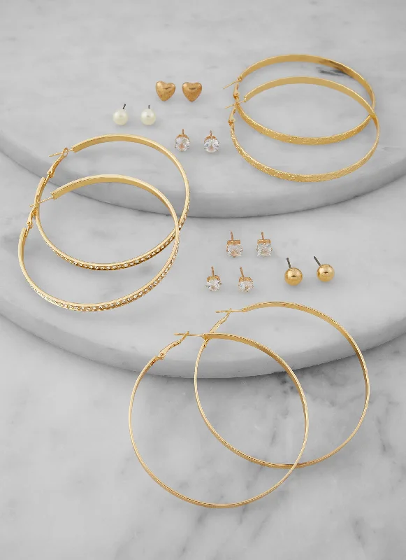 Assorted Stud and Textured Hoop Earring Set of 9