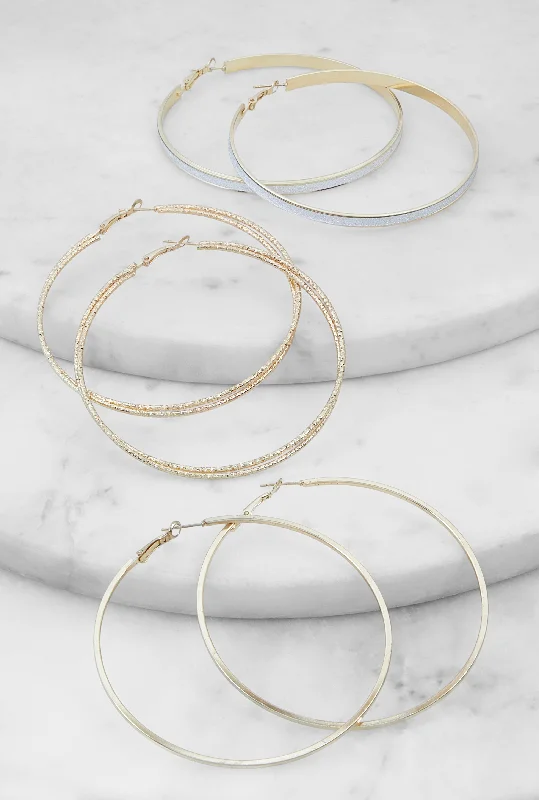 Metallic Glitter Hoop Earrings Set of 3