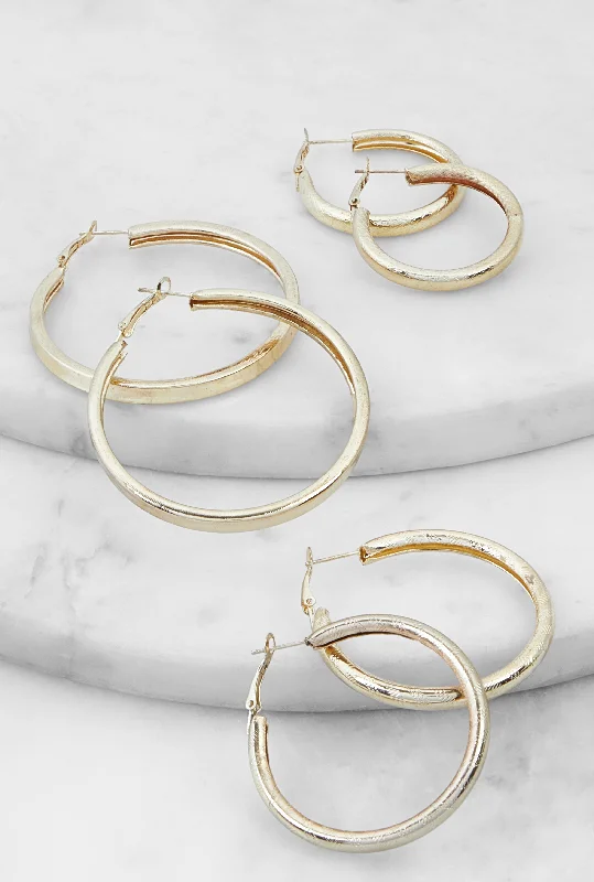 Metallic Textured Hoop Earrings Set of 3