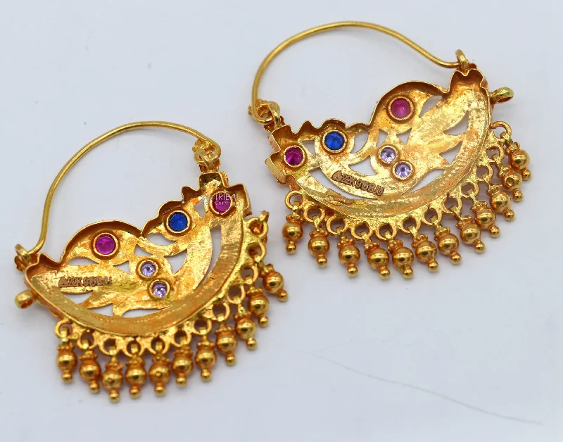 Indian traditional cultural design 22Kt yellow gold handmade amazing antique style girl's women's earrings charms hoops jewelry er183