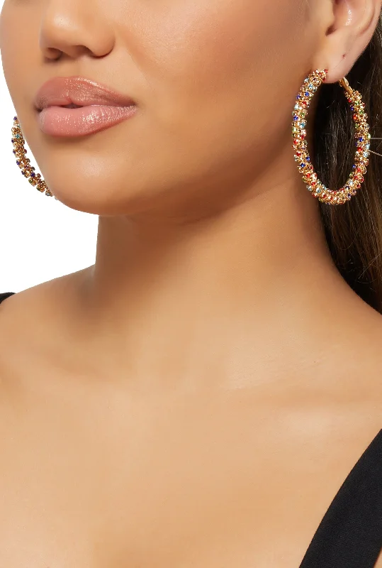 Textured Rhinestone Embellished Hoop Earrings