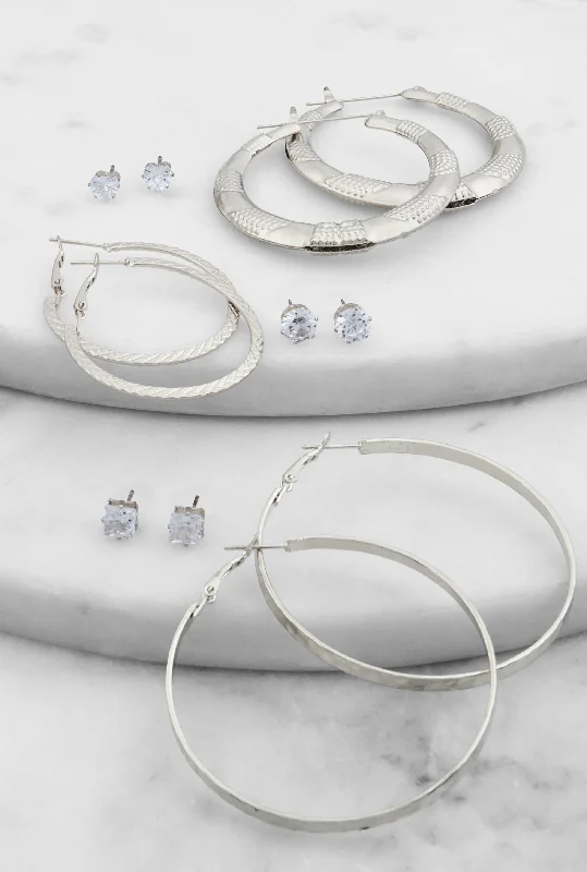 Textured Hoop Earrings and Cubic Zirconia Stud Earrings Set of 6