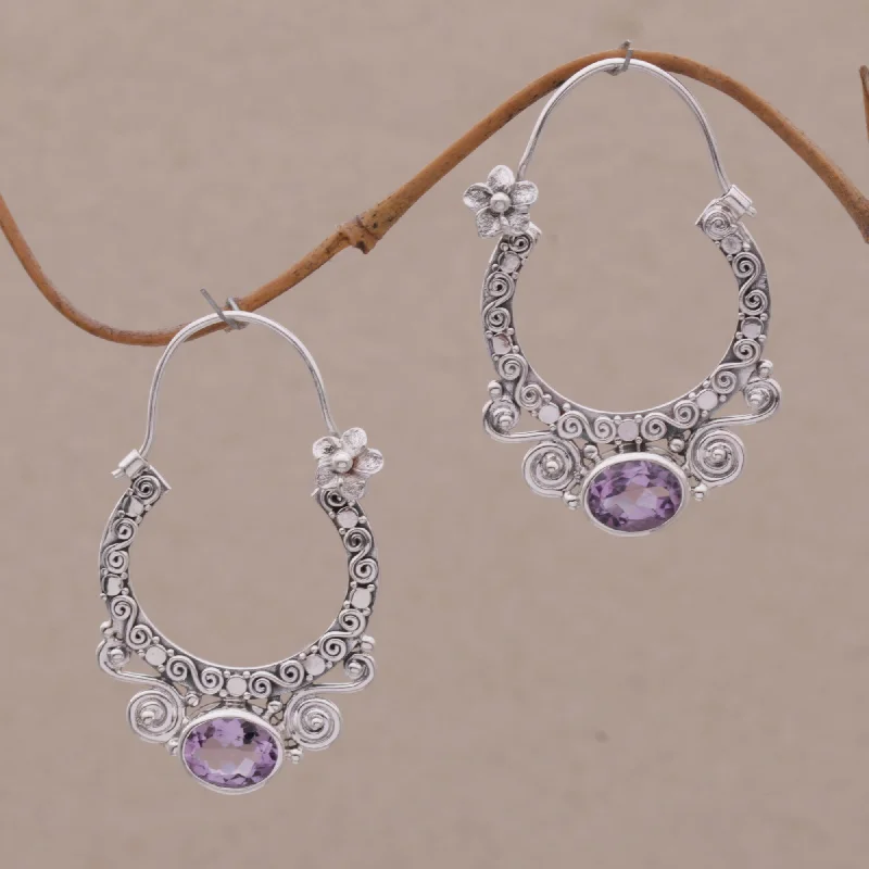 Spiral Arches Amethyst & Silver Hoop Earrings