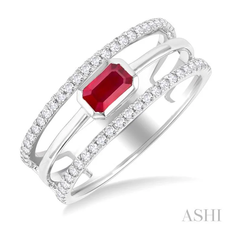 5X3MM East- West Emerald Shape Ruby and 1/4 ctw Single Cut Diamond Triple Split Precious Ring in 10K White Gold