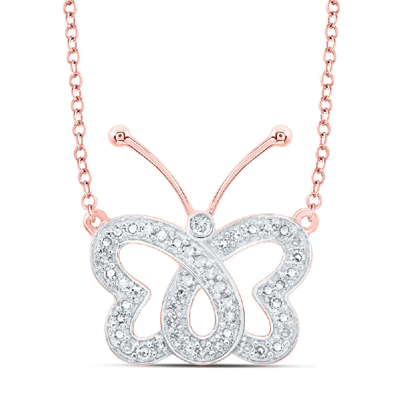 10kt Rose Gold Womens Round Diamond Butterfly Necklace 1/4 Cttw