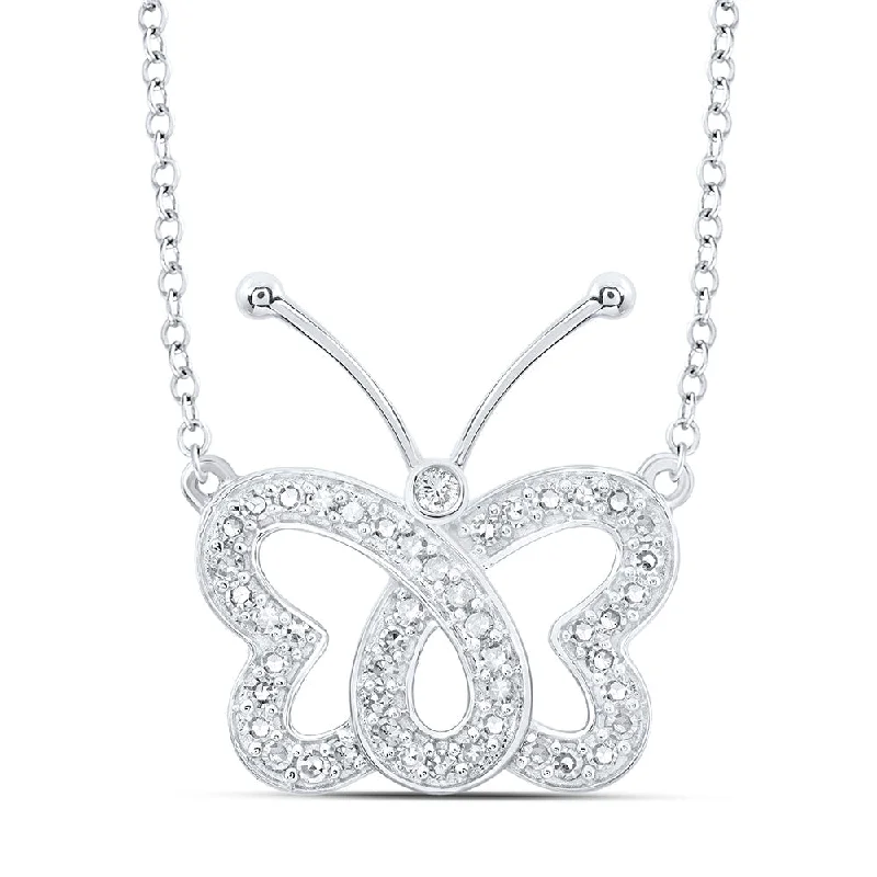 10kt White Gold Womens Round Diamond Butterfly Necklace 1/4 Cttw