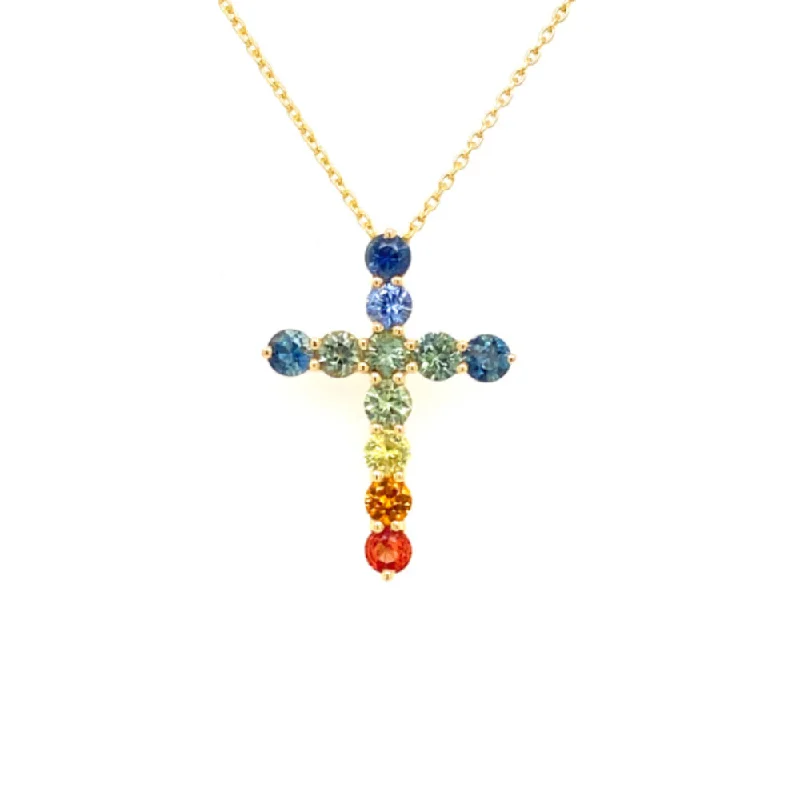 18k Multi Sapphire Cross Pendant Necklace