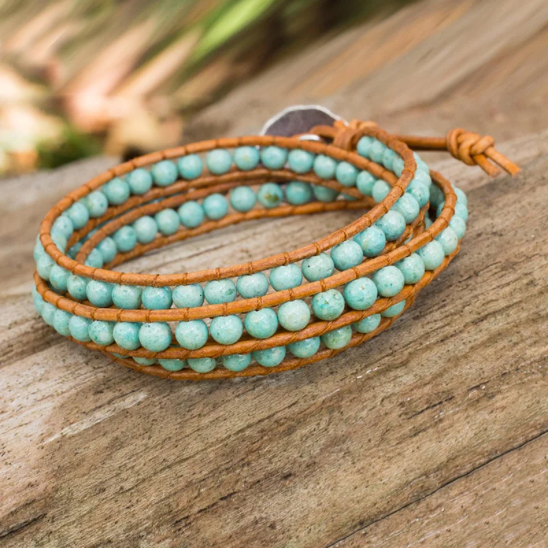 Blue Caramel Serpentine and Leather Wrap Bracelet from Thailand