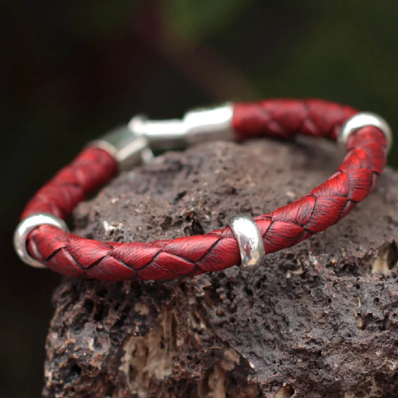 Bold Red Handmade Men's Leather Braided Bracelet with Sterling Silver