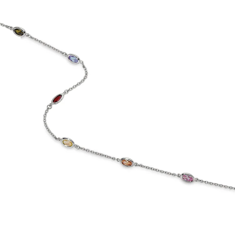 Platinum Finish Sterling Silver 18" Necklace with 18 Simulated Colored Stones