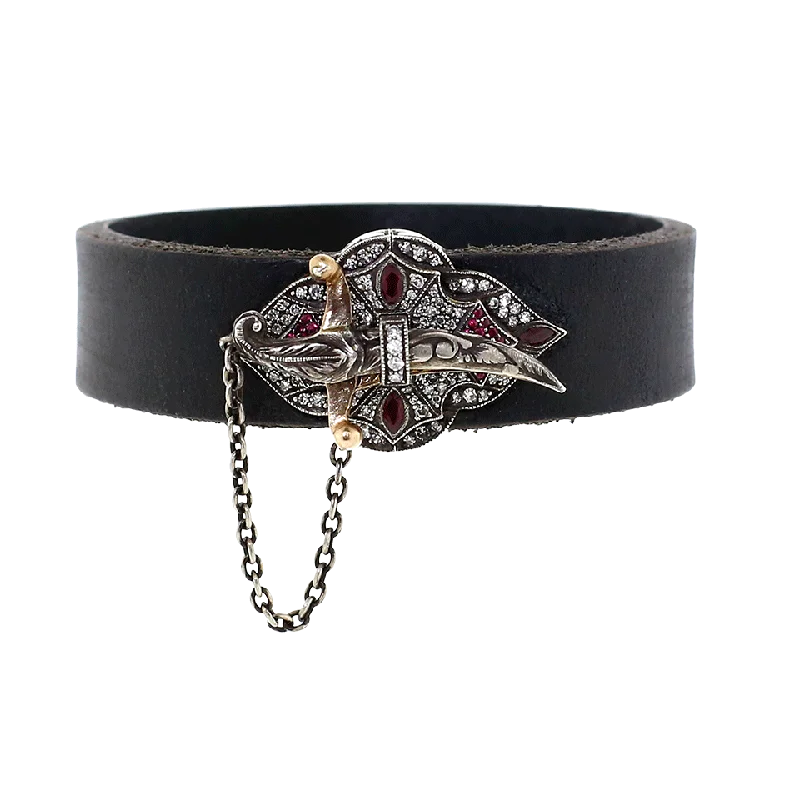 Diamond And Ruby Black Leather Wrap Bracelet