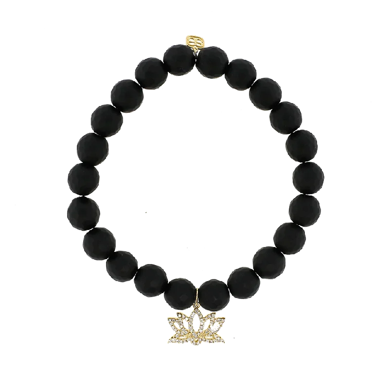 Diamond Lotus Flower Black Onyx Beaded Bracelet