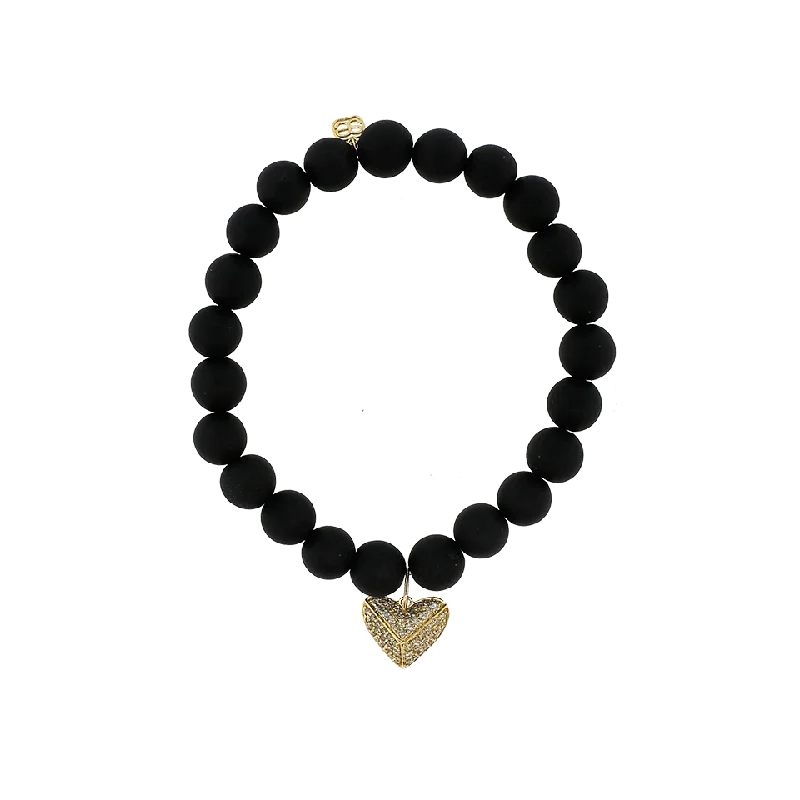 Diamond Pave Heart Onyx Beaded Bracelet