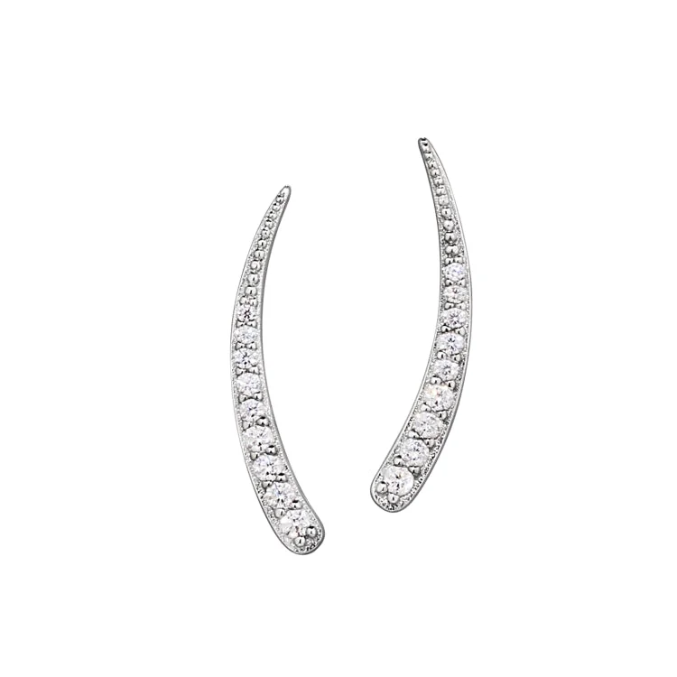 Platinum Finish Sterling Silver Micropave Curved Climber Earrings with Simulated  Diamonds