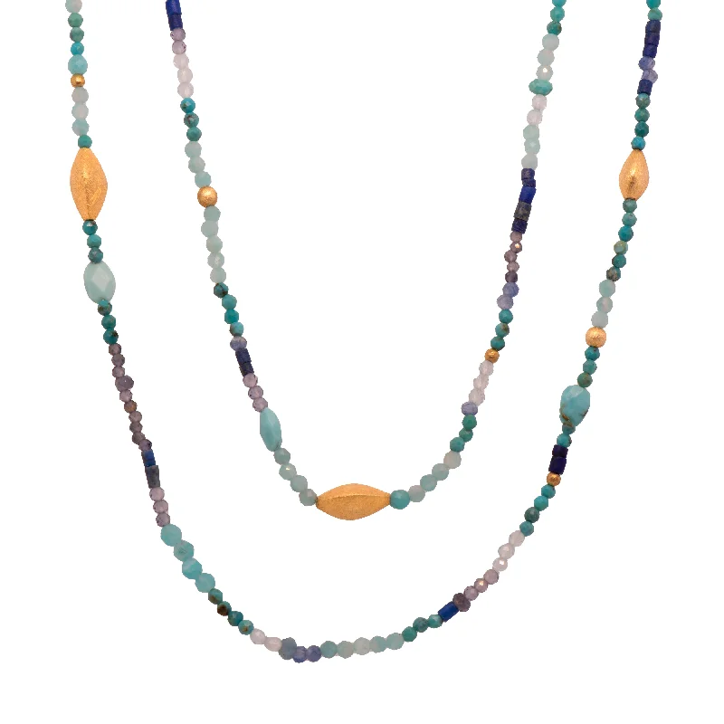 Turquoise, Amazonite, Blue Topaz, Aquamarine, Lapis, Iolite and Kyanite Necklace 2mm 24K Fair Trade Gold Vermeil, 90 cm