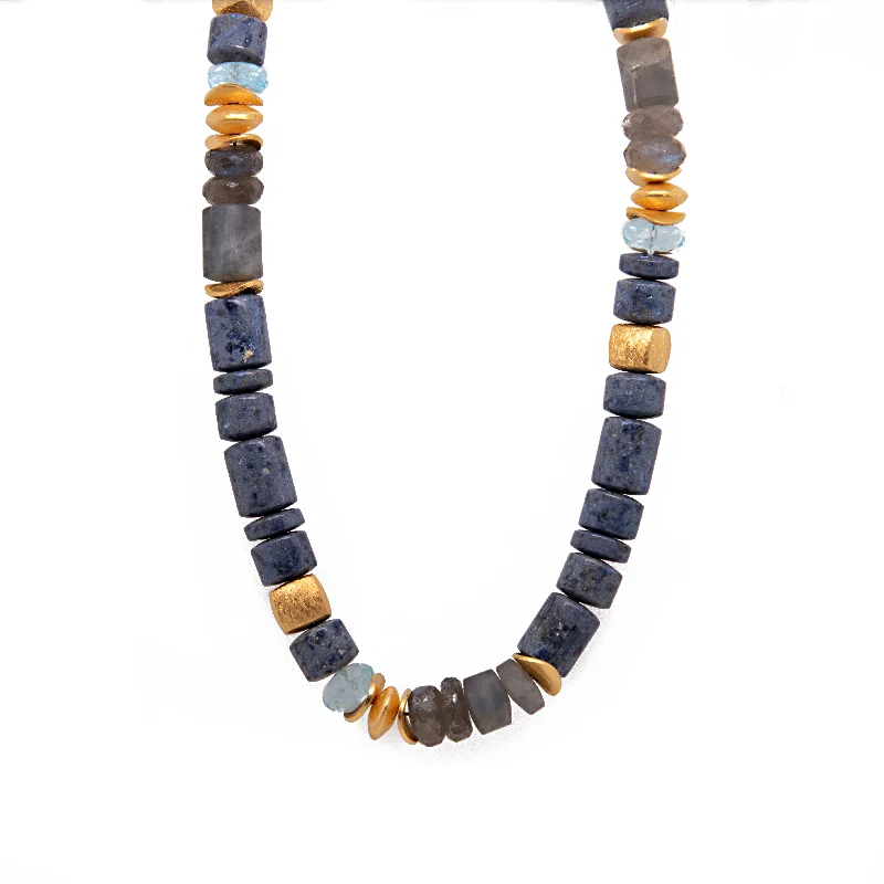 Polished Dumortierite, Sky Blue Topaz and Labradorite 8mm Necklace 24K Fair Trade Gold Vermeil