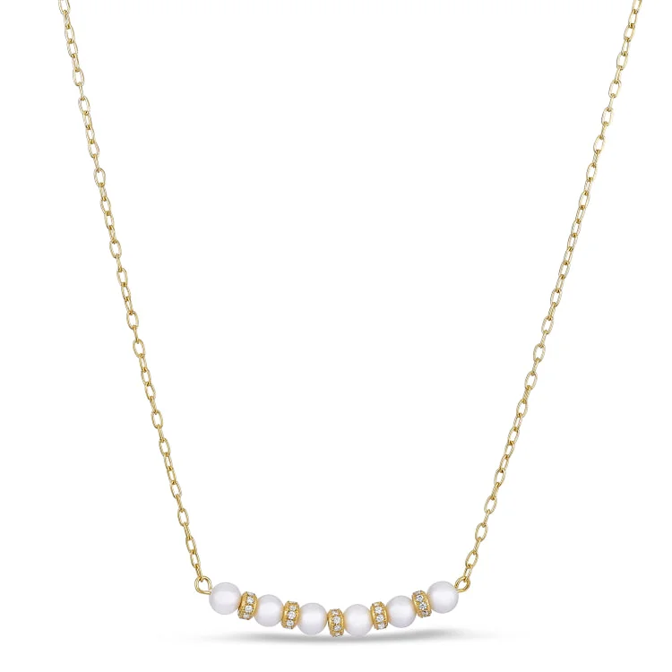 Gold Finish Sterling Silver Micropave Pearl and Simulated Diamond Necklace - Adjustable 18"-20"