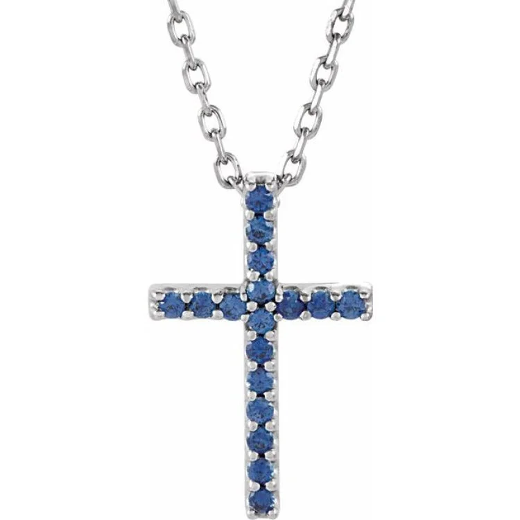 14K White Natural Blue Sapphire Petite Cross 16" Necklace