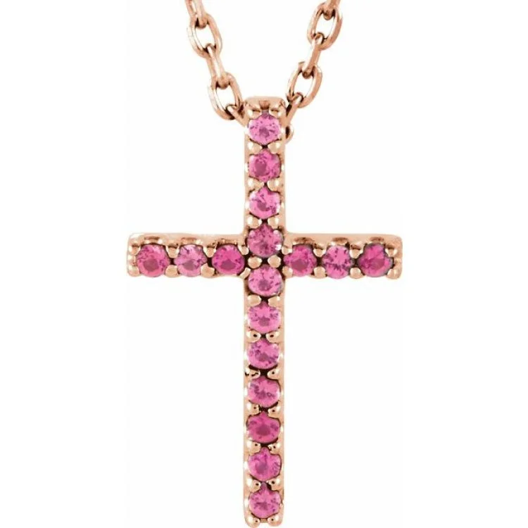 14K Rose Natural Pink Tourmaline Petite Cross 16" Necklace