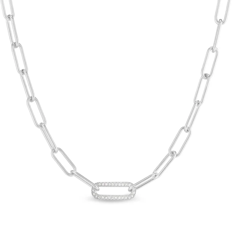 Platinum Finish Sterling Silver Micropave 18" Paper Clip Necklace with a Single Link with Simulated Diamonds